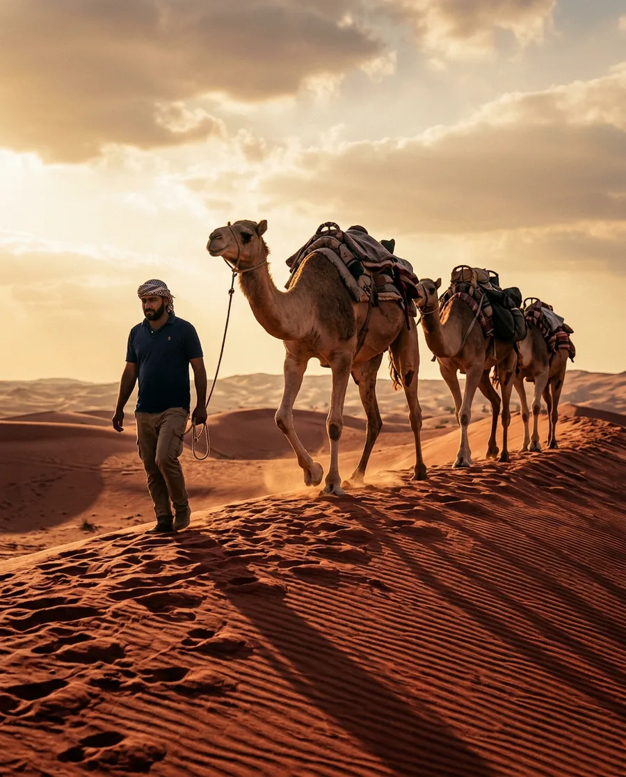 Camel caravan walking across a dune ridge at golden hour in Abu Dhabi