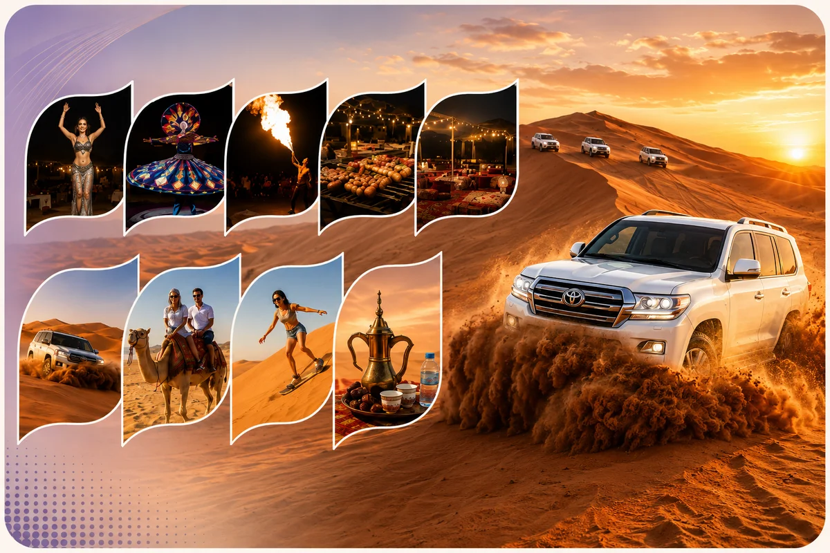 Desert camp lanterns and welcome setup at sunset in Abu Dhabi