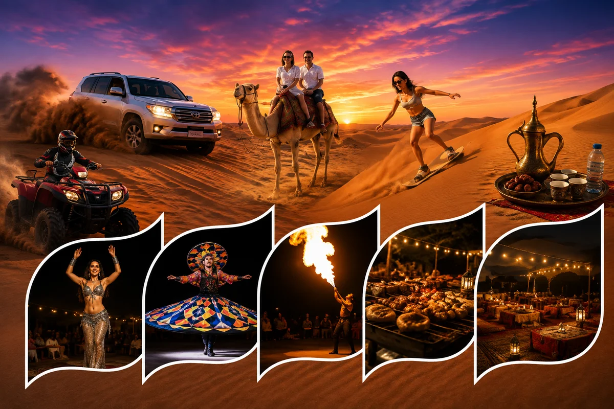 Fire show performer spinning torches at a Dubai desert safari camp