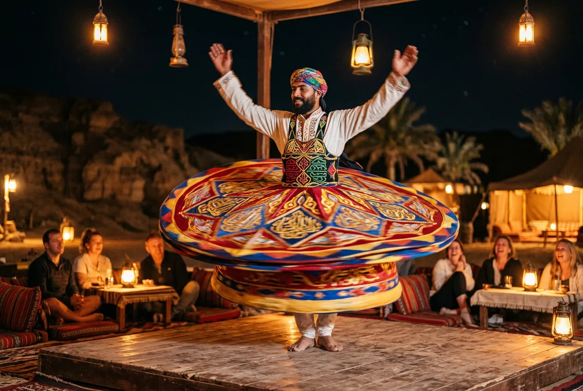 Tanura dance performance at a private Abu Dhabi desert safari camp