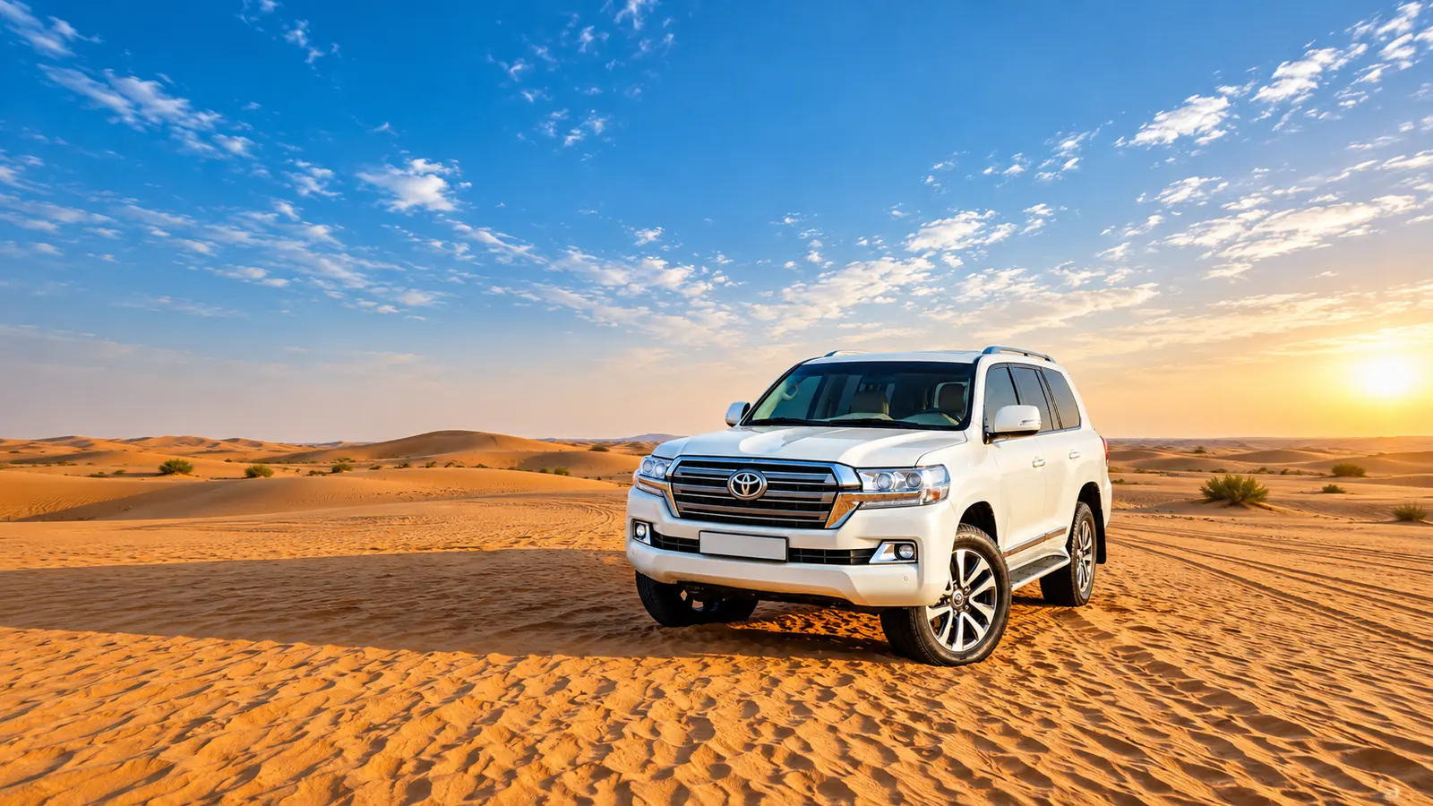 Toyota Land Cruiser on Abu Dhabi desert dunes at sunset for a Private Desert Safari