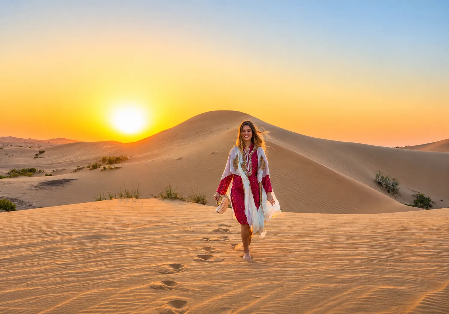 Morning desert safari in Abu Dhabi with Land Cruiser dune bashing at sunrise